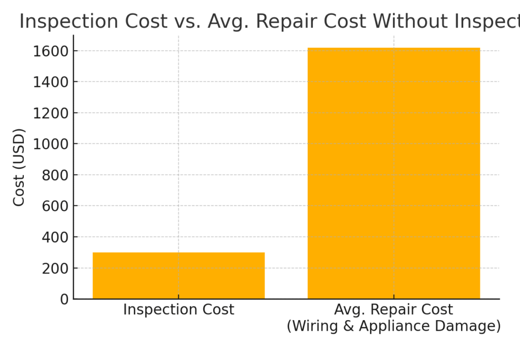 Bar chart showing the benefit of an electrical safety inspection—comparing the $300 inspection cost versus the $1,620 average repair cost (wiring & appliance damage) as a key electrical safety tips.